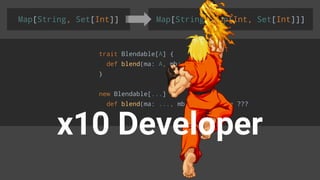 Map[String, Set[Int]] Map[String, Map[Int, Set[Int]]]
trait Blendable[A] {
def blend(ma: A, mb: A): A
}
new Blendable[...] {
def blend(ma: ..., mb: ...): ... = ???
}
x10 Developer
 