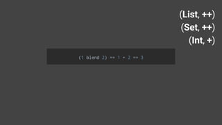 (List, ++)
(Set, ++)
(Int, +)
(1 blend 2) == 1 + 2 == 3
 