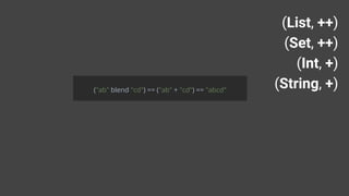 (List, ++)
(Set, ++)
(Int, +)
(String, +)("ab" blend "cd") == ("ab" + "cd") == "abcd"
 