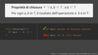 https://it.wikipedia.org/wiki/Propriet%C3%A0_di_chiusura
Proprietà di chiusura ≝ ∀a, b ∈ T : a∙b ∈ T
Per ogni a, b in T, il risultato dell’operazione a⋅b è in T:
trait Semigroup[T] {
def op(a: T, b: T): T
}
def op(a: Boolean, b: Boolean): Boolean
def op(a: Int, b: Int): Boolean
✓
✘
 