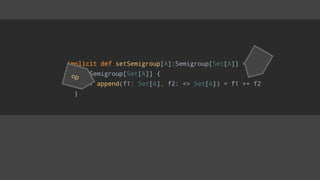 implicit def setSemigroup[A]:Semigroup[Set[A]] =
new Semigroup[Set[A]] {
def append(f1: Set[A], f2: => Set[A]) = f1 ++ f2
}
op
 