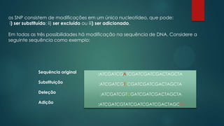 os SNP consistem de modificações em um único nucleotídeo, que pode:
i) ser substituído; ii) ser excluído ou iii) ser adicionado.
Em todas as três possibilidades há modificação na sequência de DNA. Considere a
seguinte sequência como exemplo:
Sequência original
Substituição
Deleção
Adição
:ATCGATCGATCGATCGATCGACTAGCTA
:ATCGATCGTTCGATCGATCGACTAGCTA
:ATCGATCGTCGATCGATCGACTAGCTA
:ATCGATCGTATCGATCGATCGACTAGCTA
 