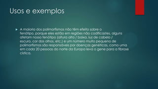 Usos e exemplos
 A maioria dos polimorfismos não têm efeito sobre o
fenótipo, porque eles estão em regiões não codificastes, alguns
afetam nosso fenótipo (altura alta / baixa, luz de cabelo /
escuro, cor dos olhos, etc.) e um número muito pequeno de
polimorfismos são responsáveis ​​por doenças genéticas, como uma
em cada 20 pessoas do norte da Europa leva o gene para a fibrose
cística.
 