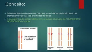 Conceito:
 Diferentes versões de uma certa sequência de DNA em determinado local
cromossômico (locus) são chamados de alelos.
 A coexistência de alelos múltiplos em um locus é chamado de POLIMORFISMO
GENÉTICO(Flávia Scapin)
 