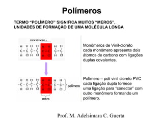 PPoollíímmeerrooss 
TERMO “POLÍMERO” SIGNIFICA MUITOS “MEROS”, 
UNIDADES DE FORMAÇÃO DE UMA MOLÉCULA LONGA 
Monômeros de Vinil-cloreto 
cada monômero apresenta dois 
átomos de carbono com ligações 
duplas covalentes. 
Polímero – poli vinil cloreto PVC 
cada ligação dupla fornece 
uma ligação para “conectar” com 
outro monômero formando um 
polímero. 
Prof. M. Adelsimara C. Guerta 
 