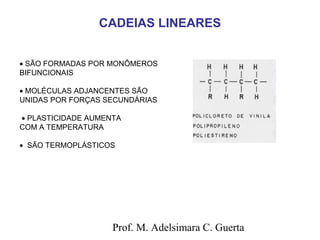 CADEIAS LINEARES 
· SÃO FORMADAS POR MONÔMEROS 
BIFUNCIONAIS 
· MOLÉCULAS ADJANCENTES SÃO 
UNIDAS POR FORÇAS SECUNDÁRIAS 
· PLASTICIDADE AUMENTA 
COM A TEMPERATURA 
· SÃO TERMOPLÁSTICOS 
Prof. M. Adelsimara C. Guerta 
 