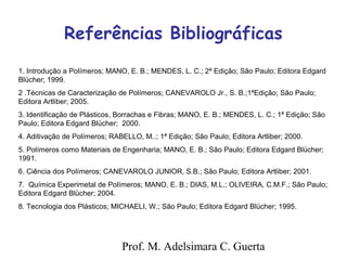 Referências Bibliográficas 
1. Introdução a Polímeros; MANO, E. B.; MENDES, L. C.; 2ª Edição; São Paulo; Editora Edgard 
Blücher; 1999. 
2 .Técnicas de Caracterização de Polímeros; CANEVAROLO Jr., S. B.;1ªEdição; São Paulo; 
Editora Artliber; 2005. 
3. Identificação de Plásticos, Borrachas e Fibras; MANO, E. B.; MENDES, L. C.; 1ª Edição; São 
Paulo; Editora Edgard Blücher; 2000. 
4. Aditivação de Polímeros; RABELLO, M..; 1ª Edição; São Paulo; Editora Artliber; 2000. 
5. Polímeros como Materiais de Engenharia; MANO, E. B.; São Paulo; Editora Edgard Blücher; 
1991. 
6. Ciência dos Polímeros; CANEVAROLO JUNIOR, S.B.; São Paulo; Editora Artliber; 2001. 
7. Química Experimetal de Polímeros; MANO, E. B.; DIAS, M.L.; OLIVEIRA, C.M.F.; São Paulo; 
Editora Edgard Blücher; 2004. 
8. Tecnologia dos Plásticos; MICHAELI, W.; São Paulo; Editora Edgard Blücher; 1995. 
Prof. M. Adelsimara C. Guerta 
