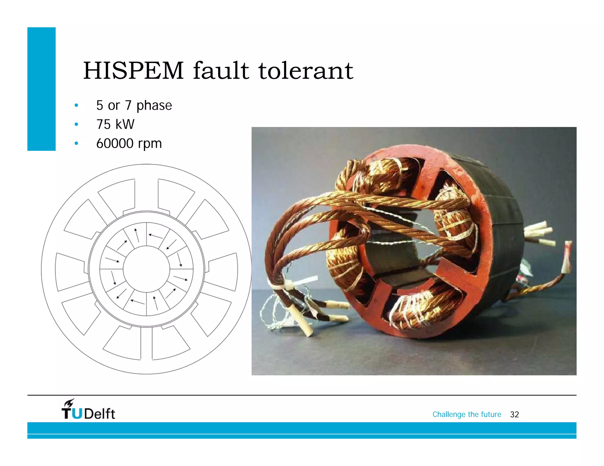 HISPEM fault tolerant
•    5 or 7 phase
•    75 kW
•    60000 rpm




                            Challenge the future   32
 