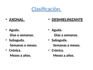 Clasificación.
• AXONAL.
• Aguda.
Días o semanas.
• Subaguda.
Semanas o meses.
• Crónica.
Meses a años.
• DESMIELINIZANTE
• Aguda.
Días a semanas.
• Subaguda.
Semanas a meses.
• Crónica.
Meses a años.
 