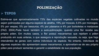 POLINIZAÇÃO 
Estima-se que aproximadamente 73% das espécies vegetais cultivadas no mundo 
sejam polinizadas por alguma espécie de abelha, 19% por moscas, 6,5% por morcegos, 
5% por vespas, 5% por besouros, 4% por pássaros e 4% por borboletas e mariposas 
(FAO, 2004).Pode haver também a auto-polinização, quando uma flor recebe seu 
próprio pólen. Em muitos casos, a flor possui mecanismos que rejeitam o pólen 
produzido em suas anteras, o que assegura a reprodução sexuada, ou seja, que haja 
intercâmbio de genes com outros indivíduos da espécie. No entanto, indivíduos de 
algumas espécies não apresentam esses mecanismos, e aproveitam-se de seu próprio 
pólen para produzir sementes e garantir a estabilidade de sua população. 
 