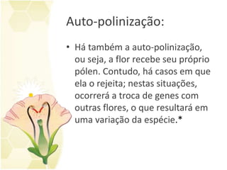 Auto-polinização:
• Há também a auto-polinização,
ou seja, a flor recebe seu próprio
pólen. Contudo, há casos em que
ela o rejeita; nestas situações,
ocorrerá a troca de genes com
outras flores, o que resultará em
uma variação da espécie.*
 