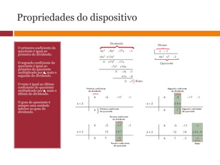 Propriedades do dispositivoO primeiro coeficiente do quociente é igual ao primeiro do dividendo. O segundo coeficiente do quociente é igual ao primeiro do quociente multiplicado por a, mais o segundo do dividendo.  O resto é igual ao último coeficiente do quociente multiplicado por a, mais o último do dividendo. O grau do quociente é sempre uma unidade inferior ao grau do dividendo.