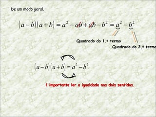 De um modo geral, Quadrado do 2. º  termo É  importante ler a igualdade nos dois sentidos. Quadrado do 1. º  termo 