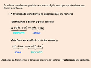 J á  sabem transformar produtos em somas alg é bricas, agora pretende-se que  fa ç am o contr á rio.    A Propriedade distributiva na decomposição em factores     PRODUTO  SOMA Acab á mos de transformar a soma num produto de factores  –   factoriza ç ão do polin ó mio. Colocámos em evidência o factor comum  a Distribuímos o factor  a  pelas parcelas SOMA  PRODUTO 