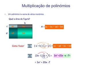 Multiplicação de polinómios Um polinómio é a soma de vários monómios: A =  ac + bc + ad + bd ( a + b ) ( c + d ) =  ac + ad + bc + bd 3x 2  +21x –x -7= Qual a área da figura? ac bc ad bd Como fazer 1) 2) (3x -1 )(x + 7) = = 3x 2  + 20x -7 a b c d 