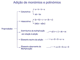 Adição de monómios e polinómios Comutativa: Propriedades Associativa : Distributiva da multiplicação em relação à adição: Elemento   absorvente da Multiplicação: Elemento   neutro da adição: a + b = b + a  ab = ba (a + b) + c = a + (b + c)  (ab)c = a(bc) a( b + c ) = ab + ac a + 0 = 0 + a = a a x 0 = 0 x a = 0 