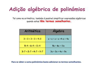 Adição algébrica de polinómios
 Tal como na aritmética, também é possível simplificar expressões algébricas
                quando estas têm termos semelhantes.



             Aritmética                   Álgebra

            3 + 3 + 3 + 3 = 43      a + a + a + a =4a = 4a


             54 + 64 = 114            5a + 6a = 11a

          37 + 27 + 47 = 97        3a + 2a + 4a = 9a




Para se obter a soma polinómios basta adicionar os termos semelhantes.
 