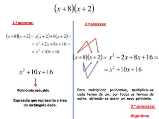 x  8x  2
   1.º processo:                               2.º processo:


x  8x  2  xx  2  8x  2 
                x 2  2 x  8 x  16 
                x 2  10 x  16
                                          x  8x  2  x  2x  8x  16 
                                                               2



       x  10 x  16
         2                                                 x  10 x  16
                                                               2




      Polinómio reduzido                   Para multiplicar polinómios, multiplica-se
                                           cada termo de um, por todos os termos do
                                           outro, obtendo-se assim um novo polinómio.
    Expressão que representa a área
          do rectângulo dado.                                           3.º processo:

                                                                        Algoritmo
 