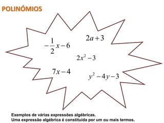 POLINÓMIOS



                   1                  2a  3
                   x6
                   2
                                 2x2  3

                     7x  4
                                       y  4y  3
                                         2




  Exemplos de várias expressões algébricas.
  Uma expressão algébrica é constituída por um ou mais termos.
 