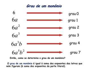 Grau de um monómio
     6                                               grau 0
    6a                                              grau 1
       2
    6a                                               grau 2

    6a 3
                                                     grau 3
      3
    6a b                                              grau 4

       5 2
    6a b                                              grau 7
   Então, como se determina o grau de um monómio?

 O grau de um monómio é igual à soma dos expoentes das letras que
nele figuram (à soma dos expoentes da parte literal).
 