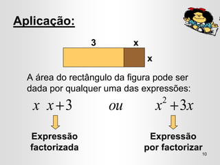 Aplicação:
                 3         x
                               x

  A área do rectângulo da figura pode ser
  dada por qualquer uma das expressões:
                                   2
   x x 3             ou            x   3x
  Expressão                     Expressão
  factorizada                  por factorizar
                                            10
 