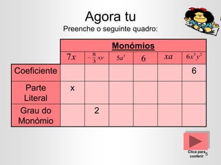 Agora tu
              Preenche o seguinte quadro:

                             Monómios
                      8
              7x      3
                        xy   5a   3
                                      6     xa   6x 3 y 2

Coeficiente                                        6
 Parte          x
 Literal
Grau do               2
Monómio


                                                 Clica para
                                                  conferir
                                                           5
 