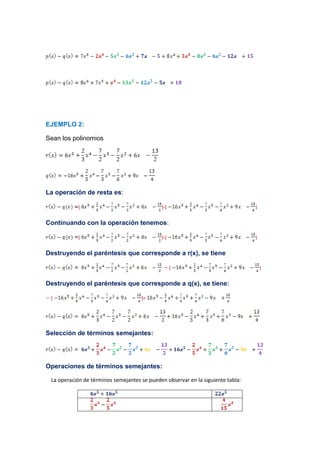 EJEMPLO 2:
Sean los polinomios
La operación de resta es:
( )-( )
Continuando con la operación tenemos:
( )-( )
Destruyendo el paréntesis que corresponde a r(x), se tiene
( )
Destruyendo el paréntesis que corresponde a q(x), se tiene:
( )=
Selección de términos semejantes:
Operaciones de términos semejantes:
La operación de términos semejantes se pueden observar en la siguiente tabla:
 