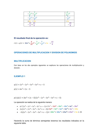 El resultado final de la operación es:
OPERACIONES DE MULTIPLICACION Y DIVISION DE POLINOMIOS
MULTIPLICACION
Con base en los dos ejemplos siguientes se explicara las operaciones de multiplicación y
división.
EJEMPLO 1
La operación se realiza de la siguiente manera:
 =
 =
 =
Haciendo la suma de términos semejantes tenemos los resultados indicados en la
siguiente tabla:
 