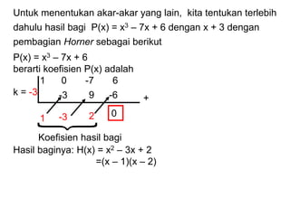 P(x) = x3 – 7x + 6
berarti koefisien P(x) adalah
1 0 -7 6
k = -3
Hasil baginya: H(x) = x2 – 3x + 2
=(x – 1)(x – 2)
+
1
-3
-3
9
2
-6
0

Koefisien hasil bagi
Untuk menentukan akar-akar yang lain, kita tentukan terlebih
dahulu hasil bagi P(x) = x3 – 7x + 6 dengan x + 3 dengan
pembagian Horner sebagai berikut
 