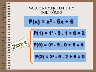 VALOR NUMÉRICO DE UM
POLINÔMIO
 
