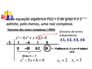11 11 ––44 11 66
11 ––33 -2-2 RestoResto ≠≠ 00∴∴x =1 não éx =1 não é
raiz.raiz.
44
Divisores do termo
independente:
±1, ±2, ±3, ±6
-1-1
11 ––55 66 Resto = 0Resto = 0 ∴∴ xx11 = -1 é raiz= -1 é raiz00
Grau n – 1Grau n – 1
0652
=+− xx 22 =x 33 =x
Toda equação algébrica P(x) = 0 de grau n ≥ 1Toda equação algébrica P(x) = 0 de grau n ≥ 1
admite, pelo menos, uma raiz complexa.admite, pelo menos, uma raiz complexa.
Teorema das raízes complexas ( PRRI)Teorema das raízes complexas ( PRRI)
06²4³ =++− xxx
Polinômios
 