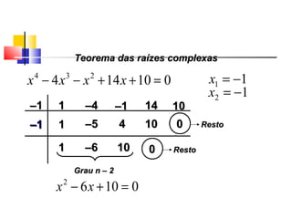 Teorema das raízes complexasTeorema das raízes complexas
010144 234
=++−− xxxx 11 −=x
––11 11 ––44 ––11 1414
11 ––55 44 00 RestoResto
Grau n – 2Grau n – 2
01062
=+− xx
1010
12 −=x
1010––11
11 ––66 1010 00 RestoResto
Polinômios
 