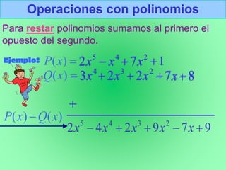 Operaciones con polinomios
Para restar polinomios sumamos al primero el
opuesto del segundo.
Ejemplo:
 