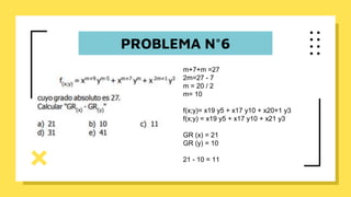 PROBLEMA N°6
m+7+m =27
2m=27 - 7
m = 20 / 2
m= 10
f(x;y)= x19 y5 + x17 y10 + x20+1 y3
f(x;y) = x19 y5 + x17 y10 + x21 y3
GR (x) = 21
GR (y) = 10
21 - 10 = 11
 