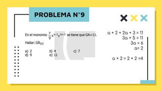 PROBLEMA N°9
a + 2 + 2a + 3 = 11
3a + 5 = 11
3a = 6
a= 2
a + 2 = 2 + 2 =4
 
