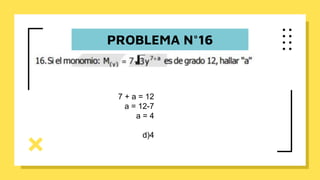 PROBLEMA N°16
7 + a = 12
a = 12-7
a = 4
d)4
 