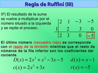 Regla de Ruffini (III)Regla de Ruffini (III)
5º) El resultado de la suma
se vuelve a multiplicar por el
número situado a la izquierda
y se repite el proceso.
2 1 3− 5−
1
2
2
3
3
0
0
5−
El último número (recuadro rojo) se corresponde
con el resto de la división mientras que el resto de
números de la fila inferior son los coeficientes del
cociente.
xxxc 32)( 2
+= 5)( −=xr
532)( 23
−−+= xxxxD 1)( −= xxd
 