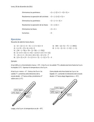 lunes, 05 de diciembre de 2011


                Eliminamos los paréntesis:                  —

                Resolvemos la operación del corchete:       —

                Eliminamos los paréntesis:                  —

                Resolvemos la operación de las llaves:      —

                Eliminamos las llaves:                      —

                Sumamos:


Ejercicios
Resuelve de adentro hacia afuera

    1)                                                       3)
    2)                                                       4)
    5)
    6)
    7)
    8)

Ejemplo:

A las 6:00 a.m. el termómetro marca        . A las 9 a.m. ha subido    y desde esta hora hasta las 5 p.m.
ha bajado       . Expresar la temperatura a las 5 p.m.

A las 6 a.m. marca     . Como a las 9 a.m. ha            Como desde esta hora hasta las 5 p.m. ha
subido , contamos siete divisiones de la                 bajado   , contando 11 divisiones de la escala
escala desde      hacia arriba y tendremos               desde    hacia abajo llegaremos a        .
sobre cero




                                                                  +3ºC: 9am
    +3ºC: 9am                                             -11º
 -4ºC: 6am               +7º                              -8ºC: 5pm
                                                                                   0ºC
                       0ºC




Luego, a las 5 p.m. la temperatura es de        .
 