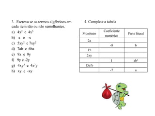 4. Complete a tabela
3. Escreva se os termos algébricos em
cada item são ou não semelhantes.
a) 4x2 e 4x3
b) x e -x
c) 5xy2 e 7xy2
d) 7ab e 6ba
e) 9x e 9y
f) 9y e -2y
g) 4xy3 e 4x3y
h) xy e -xy
Monômio
Coeficiente
numérico
Parte literal
2a
-8 b
15
2xy
1 ab²
15a³b
-7 a
 