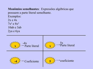 x Parte literal x Parte literal
Monômios semelhantes: Expressões algébricas que
possuem a parte literal semelhante.
Exemplos:
2x e 4x
7x² e 8x²
10ab e 3ab
2ya e 6ya
-4x 5x
-4 Coeficiente 5 coeficiente
 