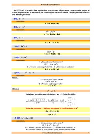 Matemáticas Académicas
www.aulamatematica.com 1
ACTIVIDAD: Factoriza las siguientes expresiones algebraicas, procurando seguir el
orden propuesto en el esquema para conseguir tardar el menor tiempo posible en cada
uno de los ejercicios:
040. d2
– e2
RESOLUCIÓN:
= (d + e) (d – e)
043. x2
– 4c2
RESOLUCIÓN:
x2
– (2c)2
=
= (x + 2c) (x – 2c)
044. x2
– 1
RESOLUCIÓN:
= (x + 1) (x – 1)
047. 4x2
– 9
RESOLUCIÓN:
(2x)2
– 32
= (2x + 3)·(2x – 3)
048. 8 – 2x2
RESOLUCIÓN:
1.– ¿Se puede sacar factor común?
SÍ  2·(4 – x2
)
2.– ¿Trinomio cuadrado perfecto? NO 3.– ¿Diferencia de cuadrados?
2·(2 + x)·(2 – x)
056. – x2
– 6x – 9
RESOLUCIÓN:
Método I
1.– ¿Se puede sacar factor común?
– (x2
+ 6x + 9)
2.– ¿Trinomio cuadrado perfecto?
– (x + 3)2
Método II
– x2
– 6x – 9
Soluciones obtenidas con calculadora: x= - 3 (solución doble)
x =
)(
)()(
12
914366


=
2
36366


=
2
06


=












3
2
06
3
2
06
Nota: Le ponemos -1 delante porque es el coeficiente de la x2
–(x + 3)·(x + 3)
– (x + 3)2
057. 3x2
– 9x – 120
RESOLUCIÓN:
1.– ¿Se puede sacar factor común?
SÍ  3 (x2
– 3x – 40)
2.– ¿Trinomio cuadrado perfecto? NO 3.– ¿Diferencia de cuadrados? NO
4.– Aplicamos fórmula de ecuación de 2º grado para obtener las raíces:
 