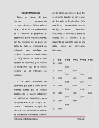 Tabla De Diferencias
Dados

los

valores

una

se deberán tabular las diferencias

desconocida

de los valores funcionales. Cada

correspondiente a dichos valores

una de las columnas de la derecha

de x, ¿cuál es el comportamiento

de f(x), se estima o determina

de la función?; el propósito es

calculando las diferencias entre los

determinar dicho comportamiento,

valores de la columna a su

con las muestras de los pares de

izquierda. La siguiente tabla es una

datos (x, f(x)); se encontrará un

tabla

polinomio

(ejemplo):

función

que

de

de las columnas para x y para f(x)

satisfaga

un

típica

de

diferencias

conjunto de puntos seleccionados
(xi, f(xi)) donde los valores que
aporten el Polinomio y la función

x

f(x)

0,0

manera,

en

el

intervalo

en

0,2

0,203

desea

encontrar

0,423

un

polinomio que pase a través de los

0,6

0,8

0,085

1,030

0,052
0,096

0,181
0,527

1,0

0,020
0,044

0,346

1,557

0,211
0,307

0,488
1,015

resulta conveniente arreglar los
datos en una tabla con los valores

0,041

0,684

un sistema de ecuaciones, pero
este proceso es un poco engorroso;

0,024

0,261

mismos puntos que la función
desconocida se puede establecer

1,2

2,572

de x en forma ascendente. Además
Polinomios Interpolantes

D 4f(x)

0,017
0,220

0,4

se

D 3f(x)

0,203

cuestión.
Si

D 2f(x)

0,000

se comportan casi de la misma

D f(x)

Página 4

 