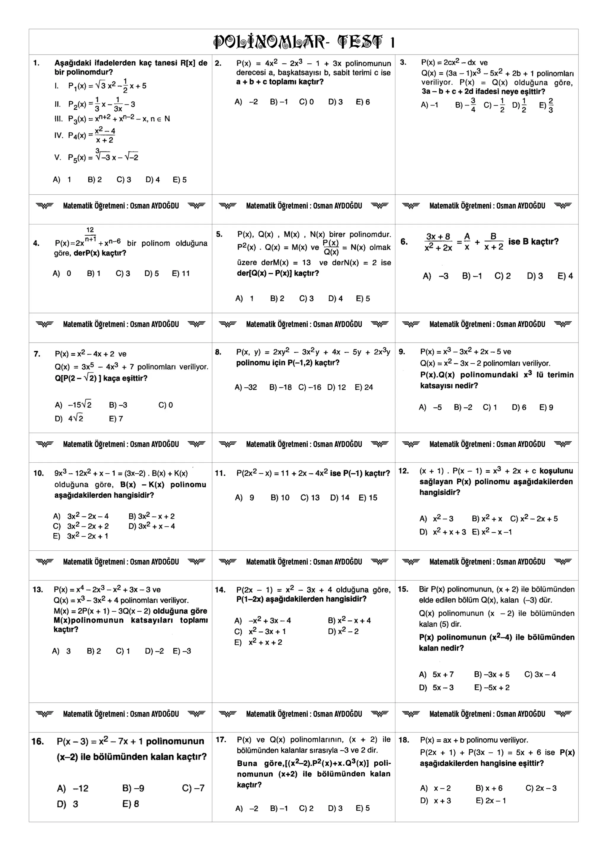 Polinomlar test 1 | PDF