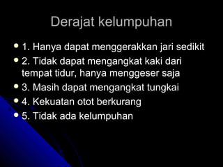 Derajat kelumpuhan
 1.

Hanya dapat menggerakkan jari sedikit
 2. Tidak dapat mengangkat kaki dari
tempat tidur, hanya menggeser saja
 3. Masih dapat mengangkat tungkai
 4. Kekuatan otot berkurang
 5. Tidak ada kelumpuhan

 