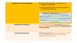 Completeness of case investigation  All AFP cases should have a full clinical and
virological investigation;
 with at least 80% of AFP cases having ‘adequate’
stool specimens collected.
Completeness of follow-up At least 80% of AFP cases should have a follow-up
examination for residual paralysis at 60 days after the
onset of paralysis
Laboratory performance All AFP case specimens must be processed in a WHO-
accredited laboratory within the Global Polio
Laboratory Network (GPLN)
Adequate’ stool specimens are two stool
specimens of sufficient quantity for laboratory
analysis, collected at least 24 hours apart, within 14
days after the onset of paralysis, and arriving in the
laboratory by reverse cold chain and with proper
documentation.
 