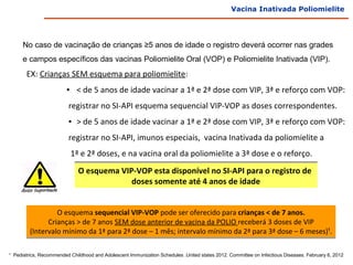 Vacina Inativada Poliomielite




     No caso de vacinação de crianças ≥5 anos de idade o registro deverá ocorrer nas grades
     e campos específicos das vacinas Poliomielite Oral (VOP) e Poliomielite Inativada (VIP).
       EX: Crianças SEM esquema para poliomielite:
                        ▪ < de 5 anos de idade vacinar a 1ª e 2ª dose com VIP, 3ª e reforço com VOP:
                         registrar no SI-API esquema sequencial VIP-VOP as doses correspondentes.
                         ▪ > de 5 anos de idade vacinar a 1ª e 2ª dose com VIP, 3ª e reforço com VOP:
                         registrar no SI-API, imunos especiais, vacina Inativada da poliomielite a
                          1ª e 2ª doses, e na vacina oral da poliomielite a 3ª dose e o reforço.
                             O esquema VIP-VOP esta disponível no SI-API para o registro de
                                          doses somente até 4 anos de idade


                  O esquema sequencial VIP-VOP pode ser oferecido para crianças < de 7 anos.
               Crianças > de 7 anos SEM dose anterior de vacina da POLIO receberá 3 doses de VIP
         (Intervalo mínimo da 1ª para 2ª dose – 1 mês; intervalo mínimo da 2ª para 3ª dose – 6 meses)¹.

¹ Pediatrics, Recommended Childhood and Adolescent Immunization Schedules .United states 2012. Committee on Infectious Diseases. February 6, 2012
 