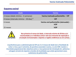 Vacina Inativada Poliomielite



Esquema vacinal
                   Idade                                            Vacina
2 meses (idade mínima – 6 semanas)                  Vacina inativada poliomielite – VIP
4 meses (intervalo mínimo – 30 dias) *                                VIP
6 meses                                            Vacina oral poliomielite (atenuada) –
                                                                    VOP
15 meses                                                              VOP


                        Nos primeiros 6 meses de idade, o intervalo mínimo de 30 dias só é
                      recomendado se o indivíduo estiver sob risco iminente de exposição à
                     circulação viral (exemplos: viajantes a regiões endêmicas ou em surtos).



    A preferência para a administração da VIP aos 2 e 4 meses de idade tem a finalidade de
     evitar o risco, que é raríssimo, de paralisia associada à vacina, e as da VOP, manter a
   imunidade populacional (de rebanho) contra o risco potencial de introdução de poliovírus
      selvagem através de viajantes oriundos de localidades que ainda apresentam casos
                                   autóctones da poliomielite.
 