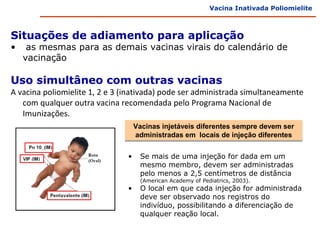 Vacina Inativada Poliomielite



Situações de adiamento para aplicação
•    as mesmas para as demais vacinas virais do calendário de
    vacinação

Uso simultâneo com outras vacinas
A vacina poliomielite 1, 2 e 3 (inativada) pode ser administrada simultaneamente
   com qualquer outra vacina recomendada pelo Programa Nacional de
   Imunizações. Em caso de
administração concomitante, devem ser utilizadas diferentes agulhas sersítios
                                    Vacinas injetáveis diferentes sempre devem e
   de administração.                 administradas em locais de injeção diferentes

                               •   Se mais de uma injeção for dada em um
                                   mesmo membro, devem ser administradas
                                   pelo menos a 2,5 centímetros de distância
                                   (American Academy of Pediatrics, 2003).
                               •   O local em que cada injeção for administrada
                                   deve ser observado nos registros do
                                   indivíduo, possibilitando a diferenciação de
                                   qualquer reação local.
 