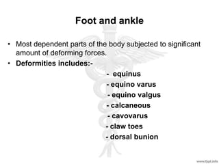 Foot and ankle
• Most dependent parts of the body subjected to significant
amount of deforming forces.
• Deformities includes:-
- equinus
- equino varus
- equino valgus
- calcaneous
- cavovarus
- claw toes
- dorsal bunion
 