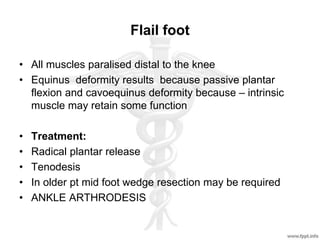 Flail foot
• All muscles paralised distal to the knee
• Equinus deformity results because passive plantar
flexion and cavoequinus deformity because – intrinsic
muscle may retain some function
• Treatment:
• Radical plantar release
• Tenodesis
• In older pt mid foot wedge resection may be required
• ANKLE ARTHRODESIS
 